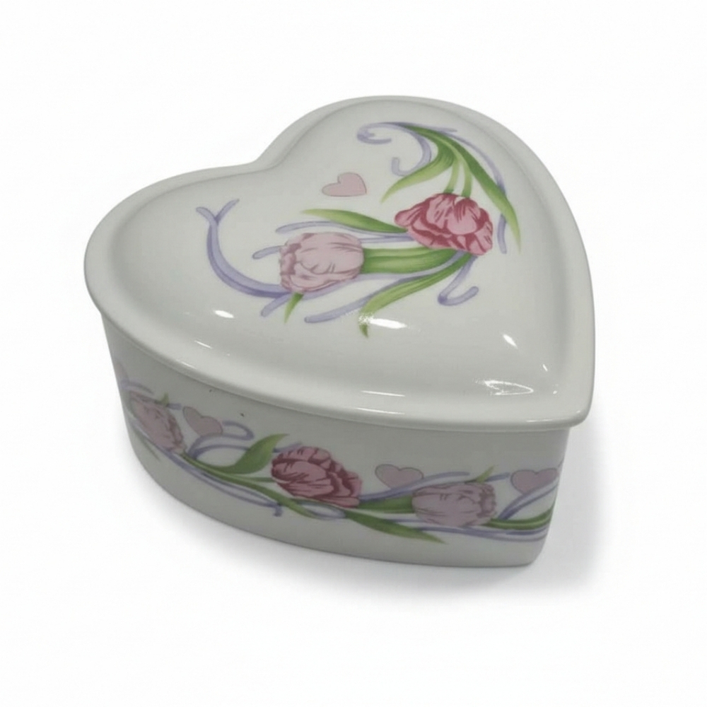 Vintage Heart Shaped Trinket Box Tulips Ribbon Pink Purple Cottagecore 80's Vibe
